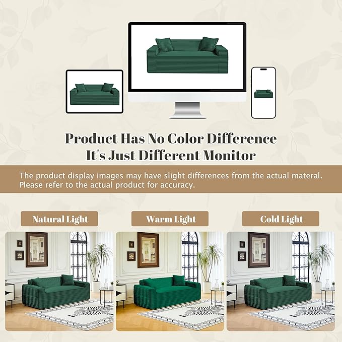 75 Cloud Loveseat Sofa 26 Deep Seat Boneless Couches for Living Room Modern 3 Seater Sofa with Throw Pillows Corduroy Compression Sofa in Box No Assembly Couch for Bedroom Dorm Dark Green