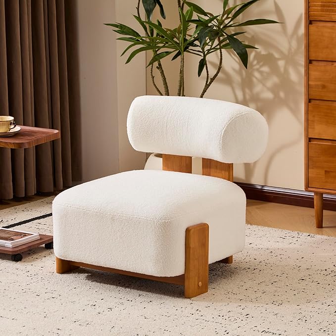Merax 27.25 Modern Boucle Accent Chair with Solid Wood Frame and Rolled Backrest Soft &amp Durable Boucle Upholstery Lounge Chair for Living Room Bedroom or Office Natural+Beige