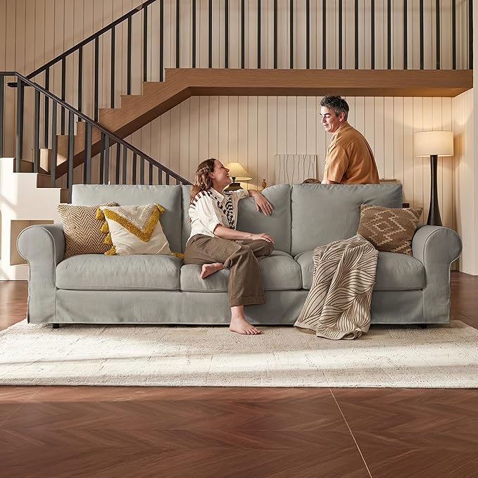 118 Oversized 3 Seater Cloud Couch Farmhouse Comfy Slipcoverd Sofa with Rolled Arms Washable Couches with Deep &amp Wide seat for Living Room Gray