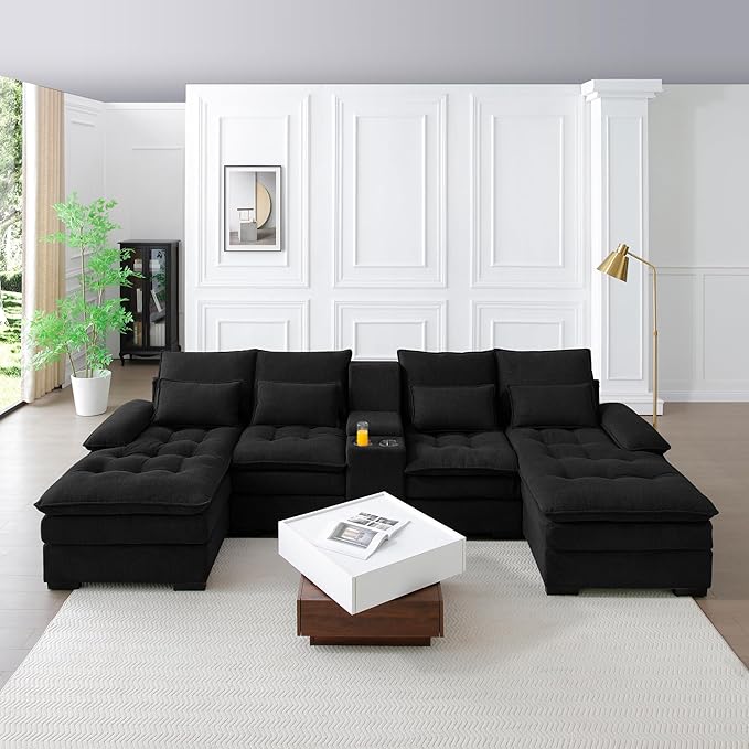 KEIKI U-Shaped 6 seat Sofa with Storage Console Cup Holders 130 Upholstered Sectional Sofa Button Tufted Cloud Cushion Couch for Home Office Black