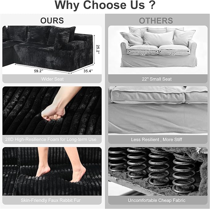 Redlife 95 L-Shaped Modular Sectional Sofa Faux Rabbit Fur Modular Floor Couch with Chaise High-Density 30D Foam Sponge No Assembly Required 5 Pillows Compressed for Living Room (Black)