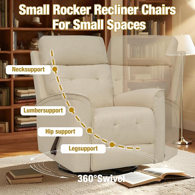 Swivel Rocker Recliner Chair for Adults Rocking Chair Small Swivel Recliner for Small Spaces Living Room Bedroom RV(Beige)