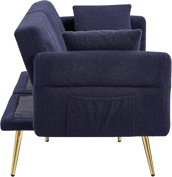 Dark Blue Futon Sofa Bed Loveseat with Adjustable Backrest and Armrests Teddy Couch with Pillows and Side Pocket for Small Spaces Living Room Apartment Or Office (Dark Blue)