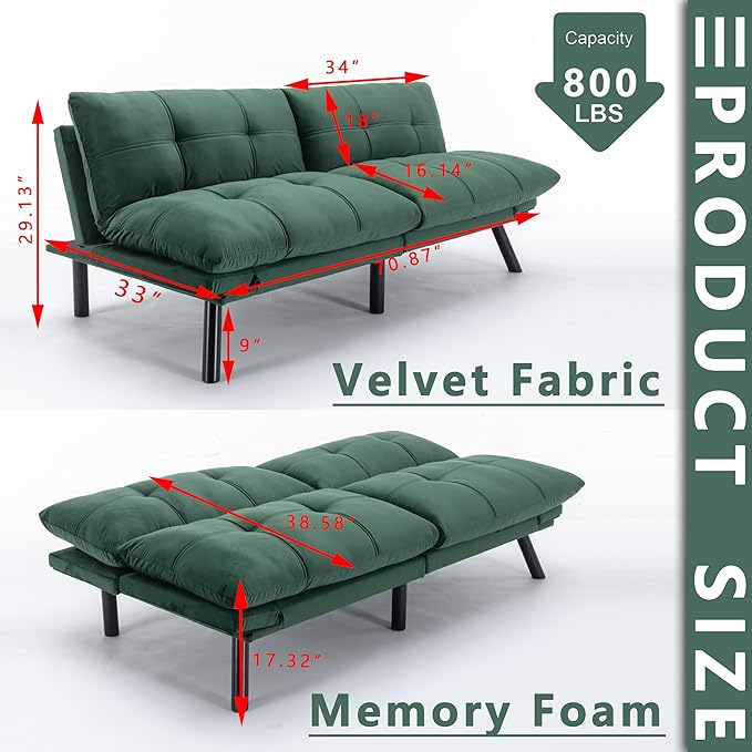Anwick Modern Futon Couch Bed Sofa: Velvet Fabric Quick Folding Armrest Space-Saving Convertible 2 Seater Loveseat for Living Room Bedroom Small Rooms Apartment (Green)
