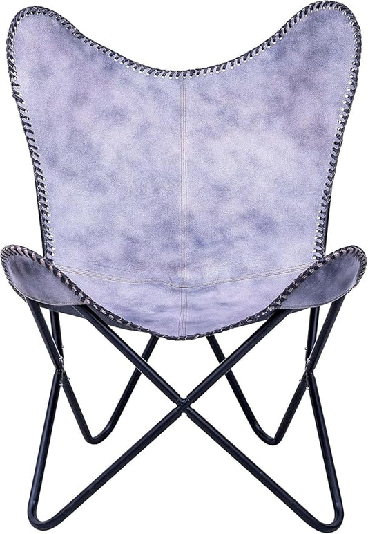 Shy Shy Let's Touch The Sky Leather Chair Living Room Chairs- Grey Leather Butterfly Arm Chair -Handmade with Powder Coated Folding Iron Frame (Vintage Cover with Frame) (Grey+Black)