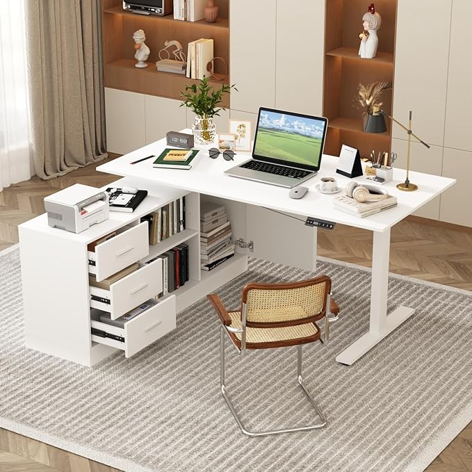 63 W L Shaped Standing Desk with Cabinet Electric Height Adjustable &amp Reversible Corner Computer Desk with Drawers &amp Storage Shelves for Home Office White
