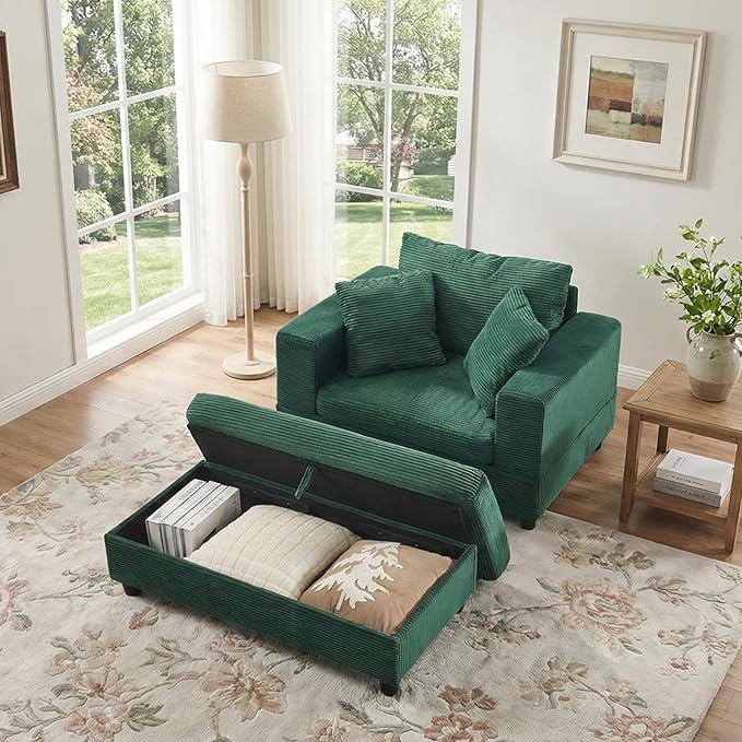 Chaise Lounge Chair IndoorOversized Corduroy Upholstered Sofa Bed with Removable Storage Ottoman Small Cloud Sofas for Living Room Comfy Deep Seat Sleeper Couch Reading Chairs (Green)