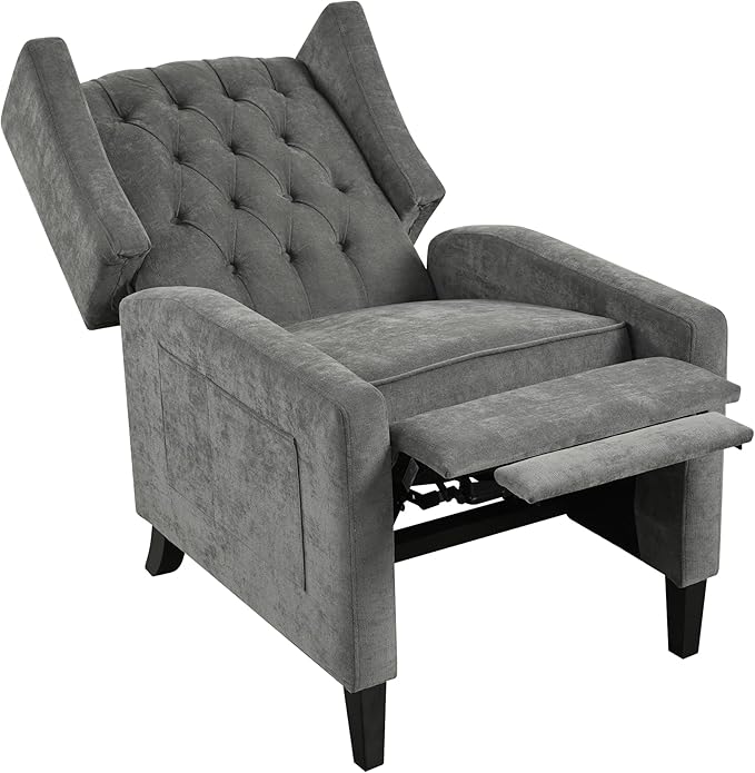 Pushback ReclinerComfortable Wingback Sofa Chair with Adjustable Backrest Tufted Fabric Upholstered ArmchairRetro Rivets Decorated Recliner for Living Room Bedroom Office Home Theater (USB Gray)