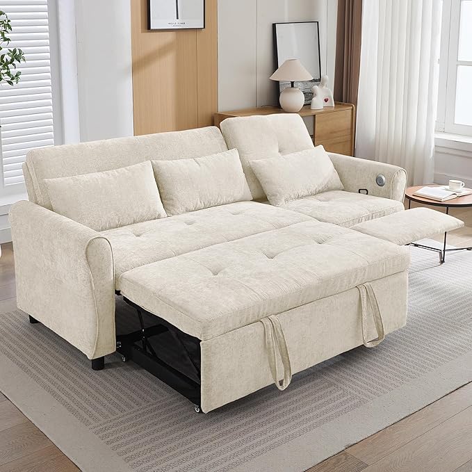 Merax 2-in-1 Convertible Sofa Bed &amp Recliner Sofa 82 3-Seater Sofa Pull-Out Sleeper Sofa 3 Level Adjustable Backrest Reversible Left/Right with USB Charging Ports Easy to Assemble (Beige)