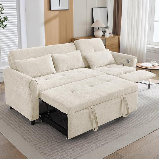 Merax 2-in-1 Convertible Sofa Bed &amp Recliner Sofa 82 3-Seater Sofa Pull-Out Sleeper Sofa 3 Level Adjustable Backrest Reversible Left/Right with USB Charging Ports Easy to Assemble (Beige)