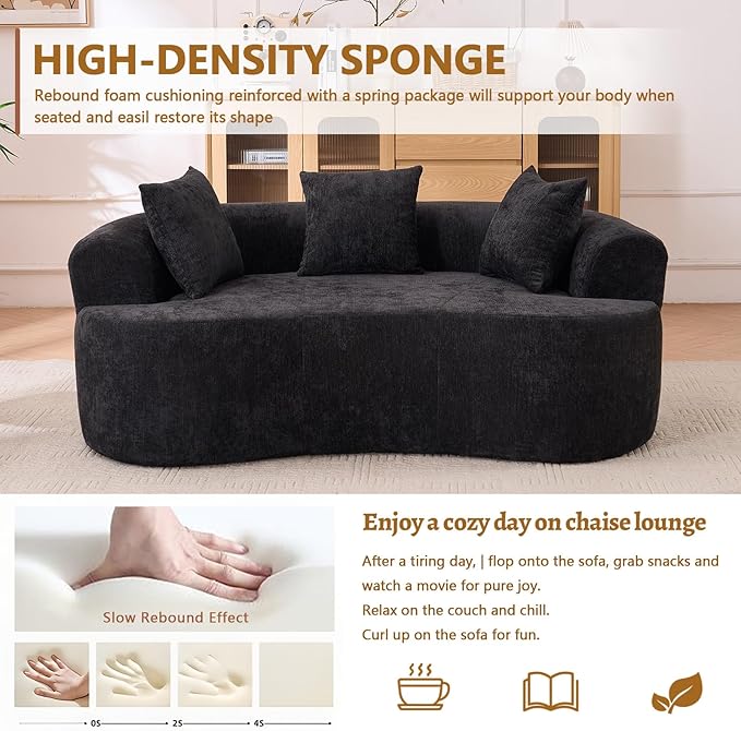 80 Curved Loveseat for Small Spaces Black Curved Couches for Living room Compression Sofa in a Box with 3 Pillows Small Couch for Bedroom with Wide Armrest &amp Memory Foam No Assembly Required