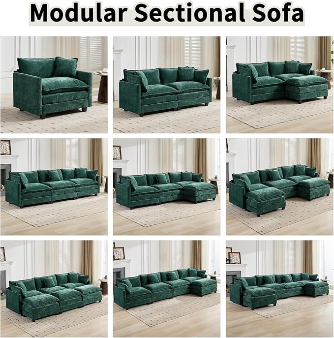 146.5 U Shaped Couch Modular Sectional Sofa Comfy Chenille Cloud Couch with Movable Ottoman and Pillow Modern 4-Seater Deep Seat Sofa for Living Room (Olive GreenU Shaped Sofa)