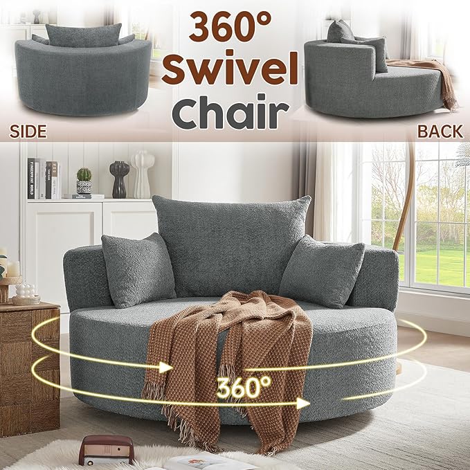 Antetek 360-Degree Swivel Accent Chair Oversized Modern Comfy Chenille Round Swivel Chaise Lounge Sofa Chair with Backrest Cushion &amp 2 Throw Pillows for Living Room Bedroom Office Gray