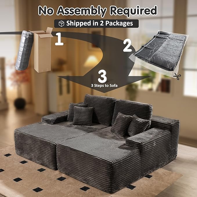 ovios 75 Oversized Sectional Double Lounge Chaise with Cloud Plush Sofa Bed No Assembly Required Fluffy Modern Sleeper Loveseat Chair for Indoor Living Room Bedroom Reading Black (Plush Fabric)