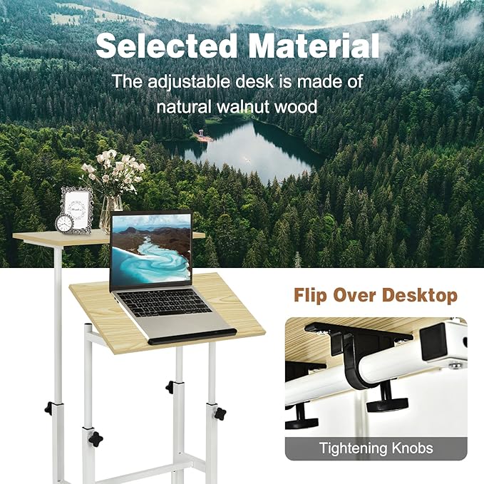 COSTWAY Mobile Standing Desk Height Adjustable Rolling Laptop Cart w/Tilting Desktop for Standing or Sitting Lockable Casters Home Office Computer Workstation for Small Spaces (Natural)