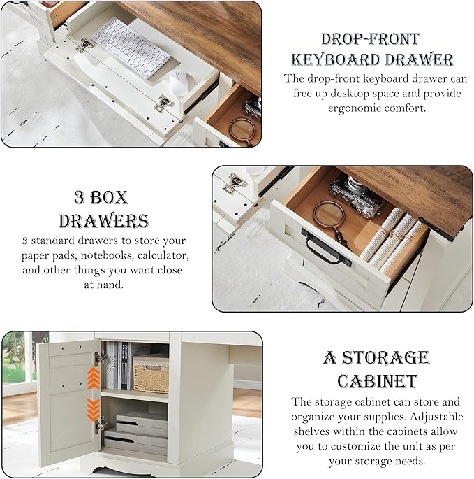RedLemon 60 Farmhouse Desk with Hutch Wood Home Office Executive Desk with Drawer Charging Station Keyboard Tray File Drawer Storage Cabinet Rustic Writing Computer Desk (Antique White)