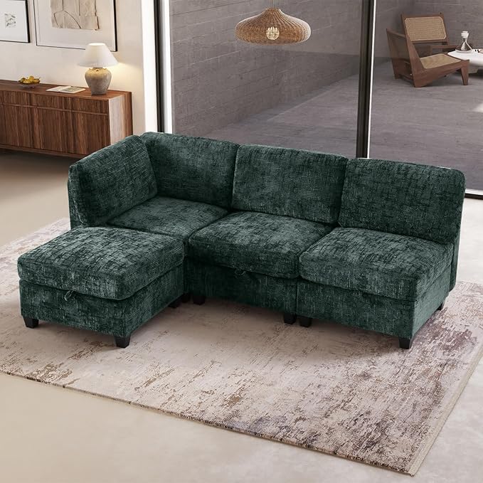 4 Seat Modular Sectional Sofa with Storage Convertible Sectional Couch Modular Sofa with Chaise Living Room Furniture Sets L Shaped Couch with Ottoman Couches for Living Room Green Textured