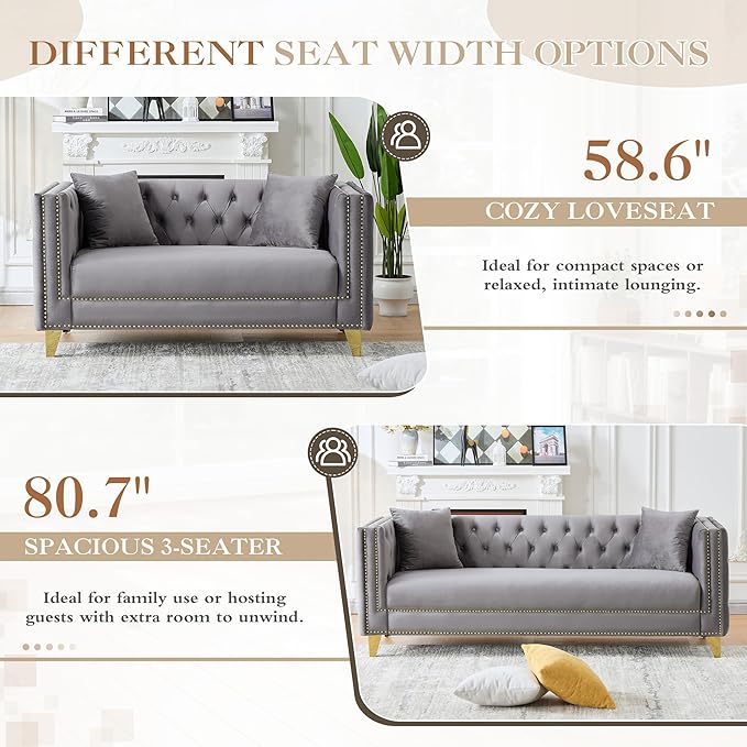 2 Piece Chesterfield Sofa Comfy Velvet Button Tufted Mid Century Modern Couch Set White Cloud Futon Loveseat Gold Legs &amp Nailhead Deep Seat Sofas for Living Room Office (Grey 3 Seater Set of 2