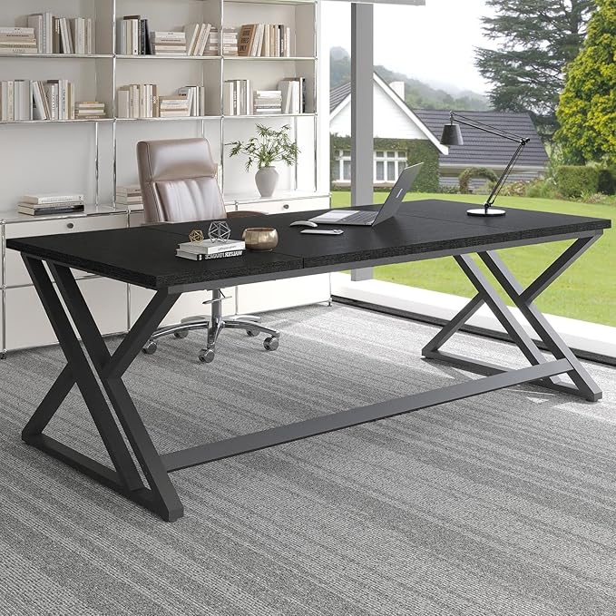 LVB 78.7 Black Computer Desk Large Industrial Pc Study Home Office Desk Long Modern Wood Gaming Work Writing Desk for 2 Person Farmhouse Double Workstation Executive Desk with Storage in Bedroom