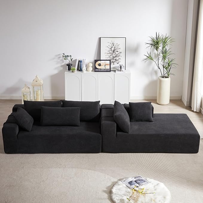 KEIKI 108 L Shaped Chenille Modular Sectional Couches Sofa with 6 Pillows 4 Seater Oversized Upholstered Cloud Couch for Living Room Apartment Full Sponge Compression Black Left Chaise