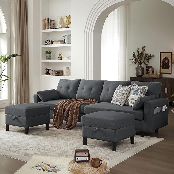 101 Convertible Sectional Sofa Modern Linen Fabric U-Shaped Couch with 2 Storage Ottomans and Storage Pocket 4 Seat Sofa Couches for Living Room Apartment Office Darkgrey