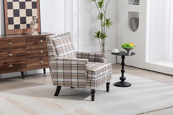 GDFStudio Upholstered Accent Armchair Modern Side Chair with Tapered Wood Legs Cotton Linen Fabric with Nailhead Trim for Living Room Bedroom Reading Room Set of 1 Coffee