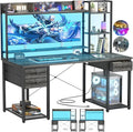 Aheaplus Desk with LED and Outlets Gaming Desks with Hutch 55.2'' Computer Desk with Drawers Reversible Office Desk with Storage Bookshelf Large Workstation with Shelf Desk for Home Black Oak