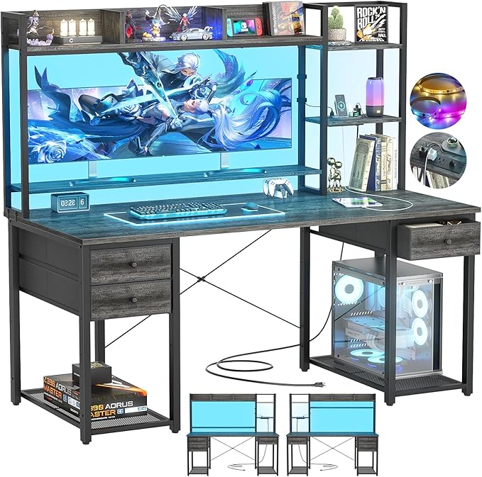 Aheaplus Desk with LED and Outlets Gaming Desks with Hutch 55.2'' Computer Desk with Drawers Reversible Office Desk with Storage Bookshelf Large Workstation with Shelf Desk for Home Black Oak