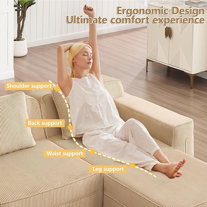 Boneless Couch81 No Assembly Oversize Modular Sectional Cloud CouchCompressed Sofa in a Box Solid Foam Corduroy Sofa with Ottoman for Living Room (Camel Corduroy2 Seats)
