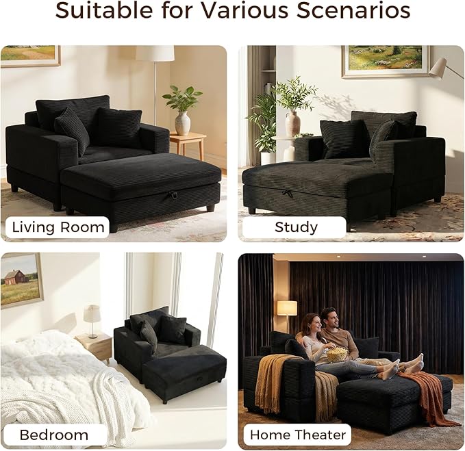 Chaise Lounge Chair IndoorOversized Corduroy Upholstered Sofa Bed with Removable Storage Ottoman Small Cloud Sofas for Living Room Comfy Deep Seat Sleeper Couch Reading Chairs - (Black)