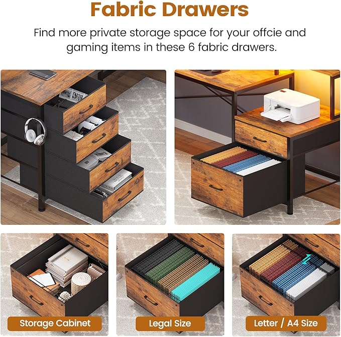 SEDETA L Shaped Desk with 6 Drawer 108 Home Office Desk with File Drawer &amp Power Outlet Corner Computer Desk with Monitor Shelf Two Person Desk Gaming Desk with Led Lights Rustic Brown