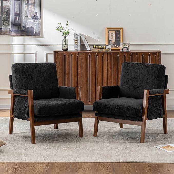 Mid Century Modern Accent Chair with Wood Frame Upholstered Living Room Chairs with Wide Armrest Chenille Fabric Comfy Arm Chair for Bedroom Reading Room Balcony (1 Black)