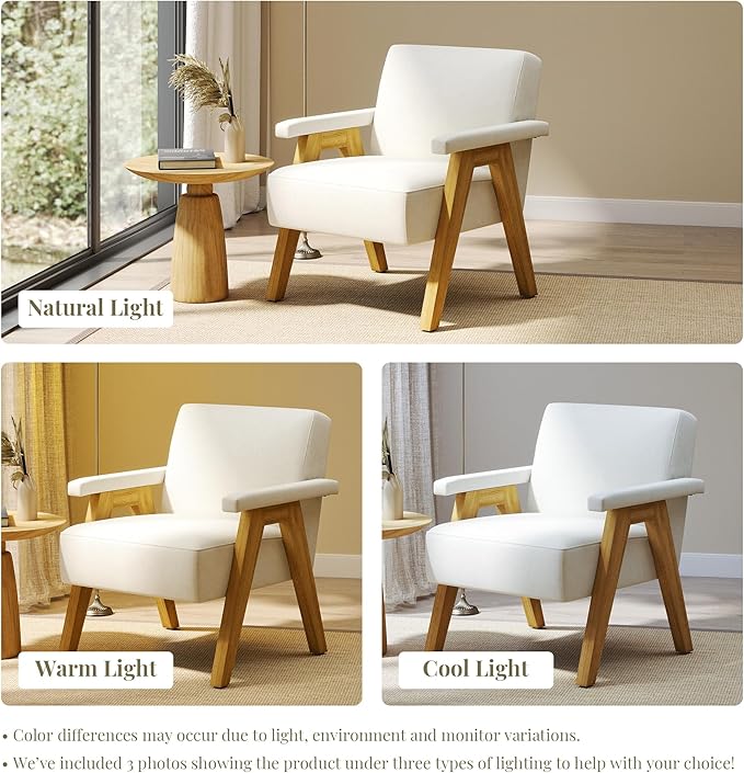 Mid-Century Accent Chair Linen Fabric Upholstered Lounge Armchair with Solid Wood Frame Modern Reading Chair for Living Room Bedroom Apartment – Ivory White