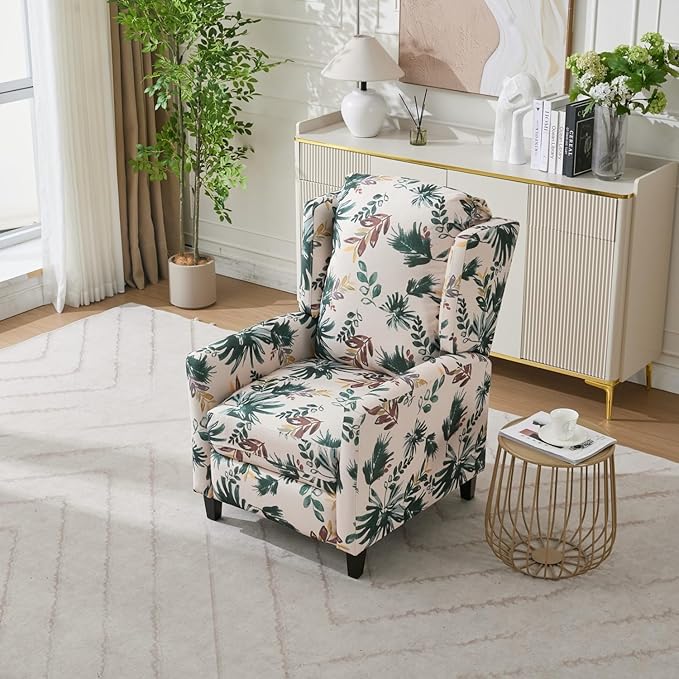 Push Back Recliner Chair with High Back Blue Floral Print Fabric Upholstery Classic Wing Back Design 250 LBS Capacity (Green)