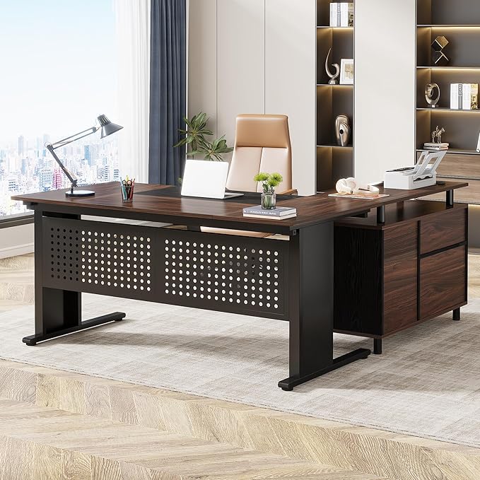 Tribesigns 63 Inch Executive Desk with File Cabinet Large Office Desk L Shaped Computer Desk with Drawers and Storage Shelves Business Furniture Desk for Home Office Dark Walnut and Black