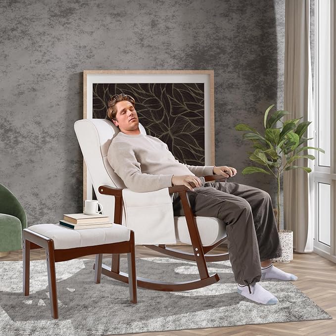 NOBLEMOOD Rocking Chair Indoor with Ottoman Upholstered Rocking Chair with Lumbar Pillow Side Pocket High Back Solid Wood Frame Rocker with Footrest for Living Room