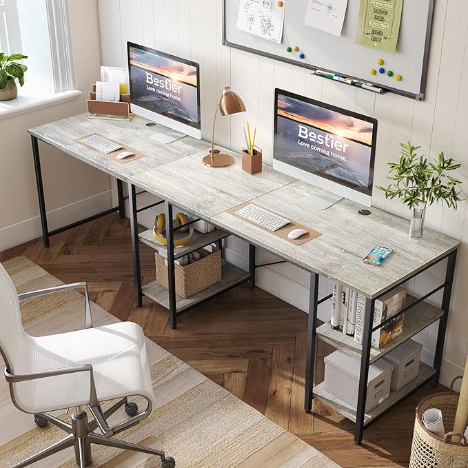 Bestier L Shaped Desk 95.2 Inch Reversible Corner Computer Desk with Shelves 2 Person Long Table for Home Office Large Writing Storage Workstation with 3 Cable Holes Rustic Brown Grey Oak