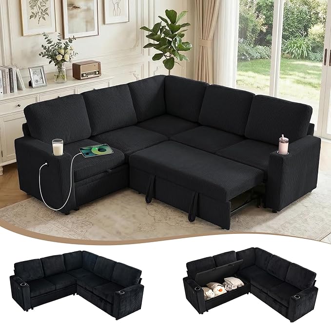 Sectional Sleeper Sofa with Pull Out Bed Plush Corduroy L Shaped Corner Couch with Storage USB Ports Cup Holders Comfy Sectional Couches for Living Room Black | Modular Couch for Apartment Tool