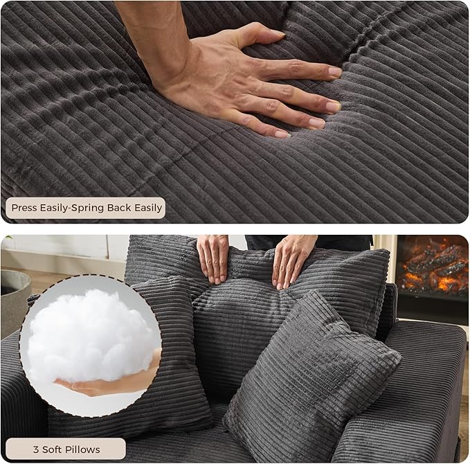 Chaise Lounge Chair IndoorOversized Corduroy Upholstered Sofa Bed with Removable Storage Ottoman Small Cloud Sofas for Living Room Comfy Deep Seat Sleeper Couch Reading Chairs (Gray)