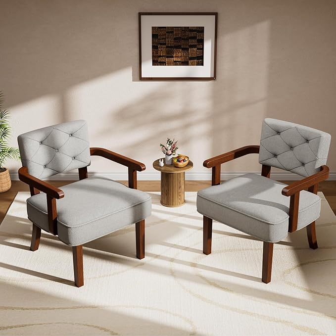 Versatile Side Arm Chair Small Modern Accent Chair Upholstered Wooden Armchair Corner Chair with Arm RestTufted Backrest Cushion for OfficeWaiting/Reading/Living Room Grey
