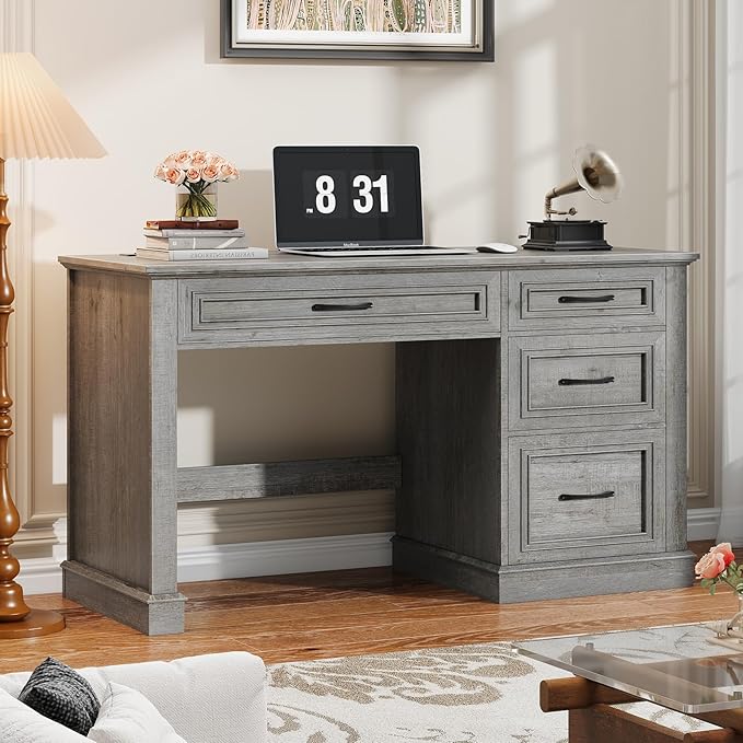 Farmhouse 47 Executive Desk Computer Desk with Drawers and File Drawer Workstation Computer Desk with Charging Station for Home Office Study (Grey)