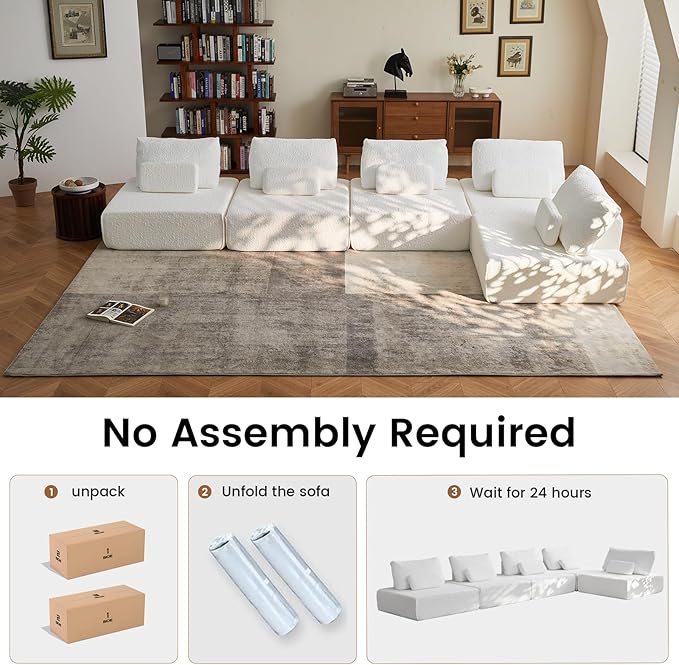 120 White Boneless Sectional Couches for Living Room 3 Seater Couch with Pillow Upholstered Comfy Cloud Couch Deep Seat Sofa No Assembly for Bedroom and Apartment