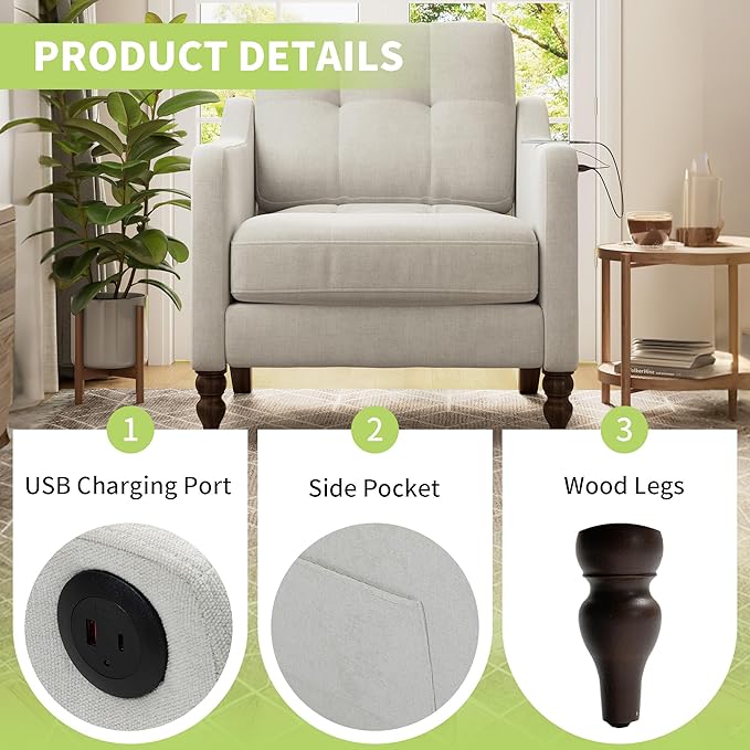Accent Chair for Living Room Mid-Century Armchairs for Small Spaces Chenille Upholstered Comfy Reading Armchair with Studded for Bedroom (Beige-B)