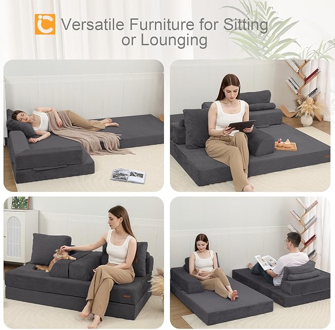 COMAX Convertible Sofa Bed Folding Floor Couch Corduroy Fold Out Couch Bed Futon Sleeper Mattress with Pillows Boneless Sofa Comfy Lounge Loveseat for Living Room Bedroom Grey