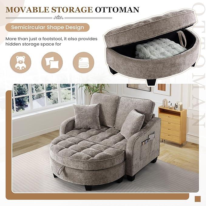 Oversized Chair and A Half Chenille Tufting Accent Cozy Reading Sofa Chair with Storage Ottoman Upholstered Loveseat Chaise Lounge Sofa with Adjustable Back for Living Room Office Sunroom Brown
