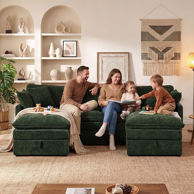 WorthFurni Modular Sectional Sofa with Storage Ottomans102 U-Shaped Cloud CouchComfy Modern Couches with Pillows &amp Upholstered Deep Seat Cushion for Apartment Living Room Bedroom（Green）