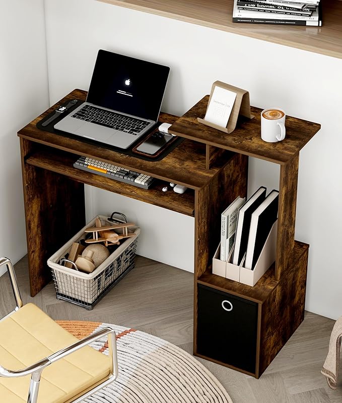 Small Computer Desk with Drawers Wood Writing Desk with Storage Shelves for Home Office Bedroom Living Room Walnut/Black