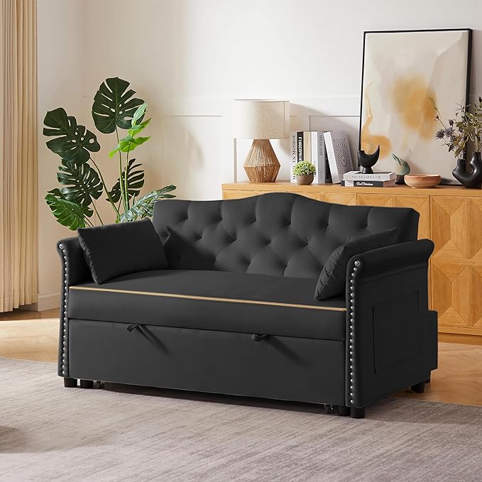 57'' Convertible Sleeper Sofa Bed with Adjustable Backrest Chaise Lounge 2 Pillows &amp Side Storage Pockets – Stylish &amp Functional Furniture for Living Room or Small Spaces (Black Sofa Bed)