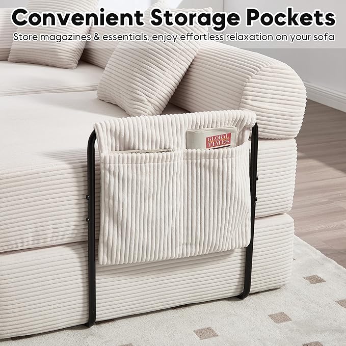 Oversized Modular Cloud Couch for Living Room Corduroy L-Shaped Sectional Sleeper Sofa Bed with Fixed-Shape Frame Modern Boneless Couch with Pillows &amp Storage Beige White