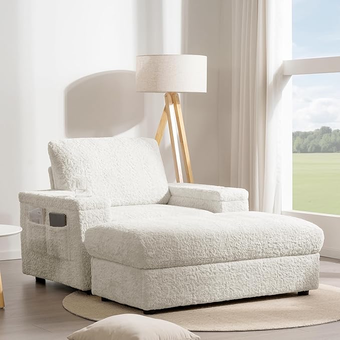 P PURLOVE Oversized Chaise Lounge Chair Indoor with Storage and OttomanSleeper Chair with Cup Holder and Storage ArmrestReclining Chair for Living RoomBedroomOffice